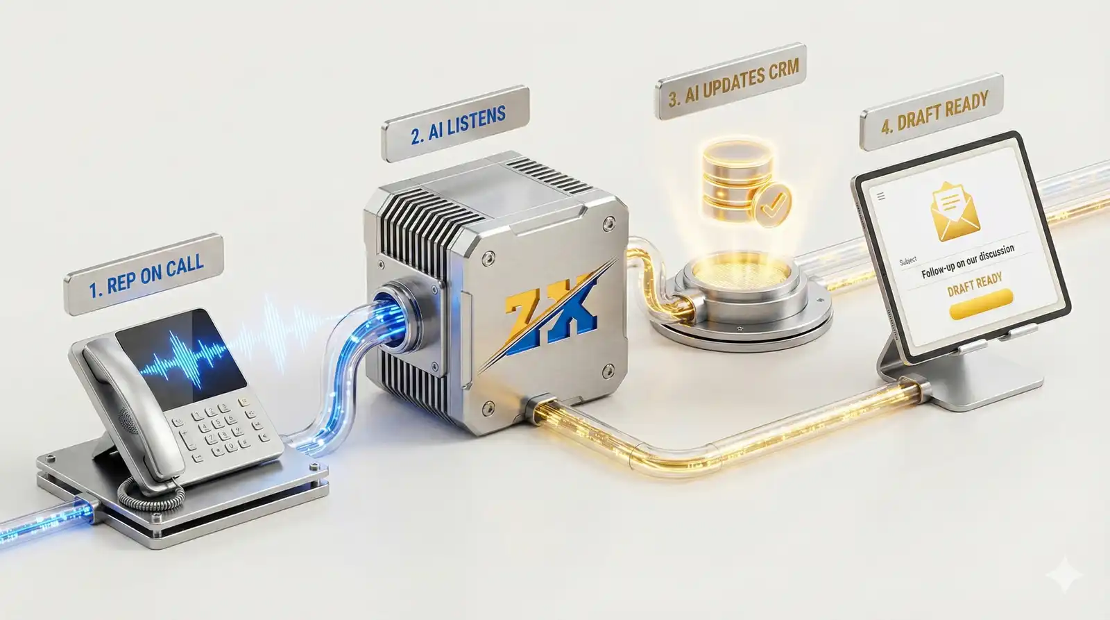 AI sales assistant workflow showing conversation intelligence and CRM automation.